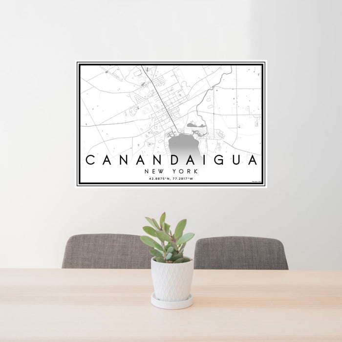 24x36 Canandaigua New York Map Print Landscape Orientation in Classic Style Behind 2 Chairs Table and Potted Plant