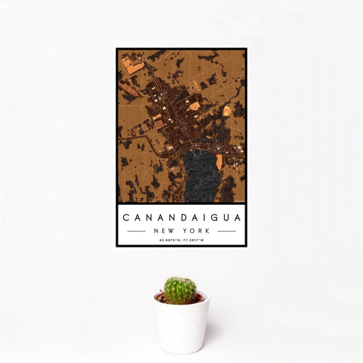 12x18 Canandaigua New York Map Print Portrait Orientation in Ember Style With Small Cactus Plant in White Planter