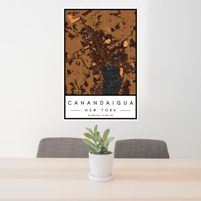 24x36 Canandaigua New York Map Print Portrait Orientation in Ember Style Behind 2 Chairs Table and Potted Plant