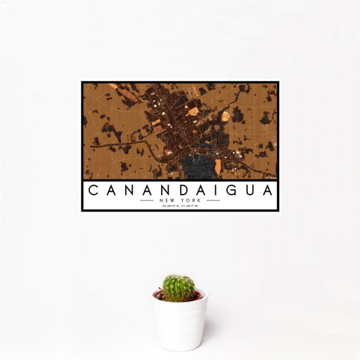 12x18 Canandaigua New York Map Print Landscape Orientation in Ember Style With Small Cactus Plant in White Planter