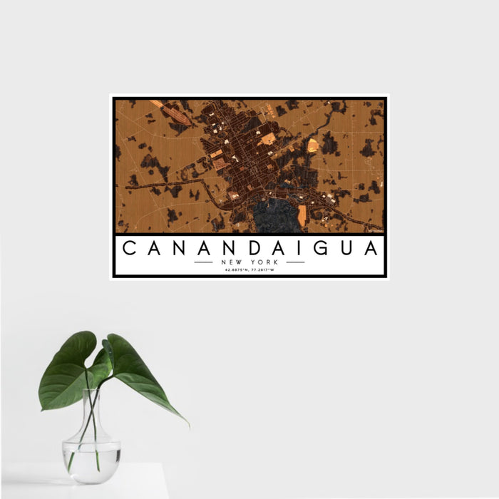 16x24 Canandaigua New York Map Print Landscape Orientation in Ember Style With Tropical Plant Leaves in Water