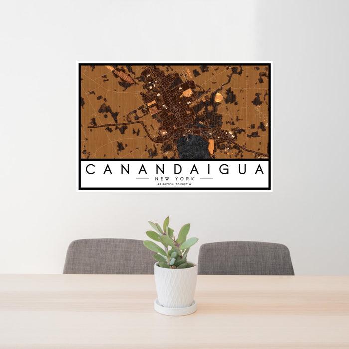24x36 Canandaigua New York Map Print Landscape Orientation in Ember Style Behind 2 Chairs Table and Potted Plant