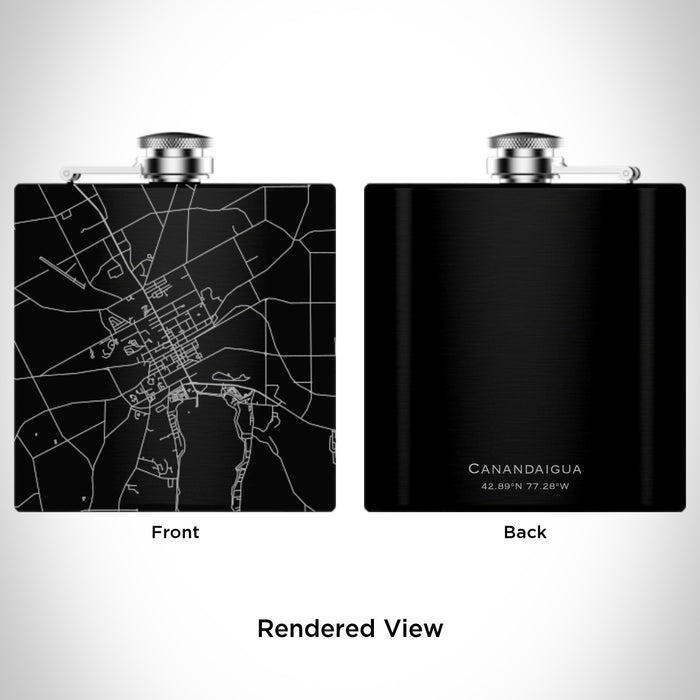 Rendered View of Canandaigua New York Map Engraving on 6oz Stainless Steel Flask in Black
