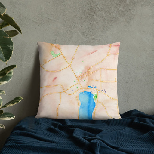 Custom Canandaigua New York Map Throw Pillow in Watercolor on Bedding Against Wall