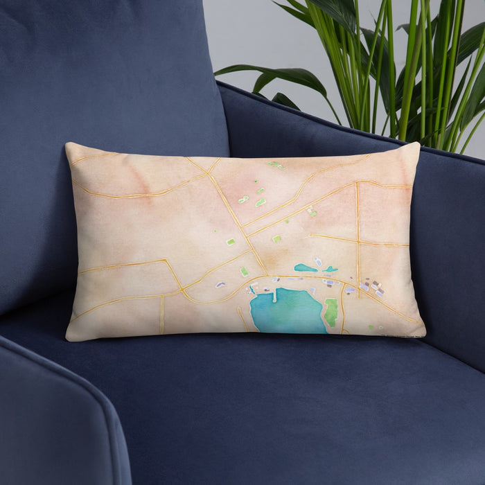 Custom Canandaigua New York Map Throw Pillow in Watercolor on Blue Colored Chair