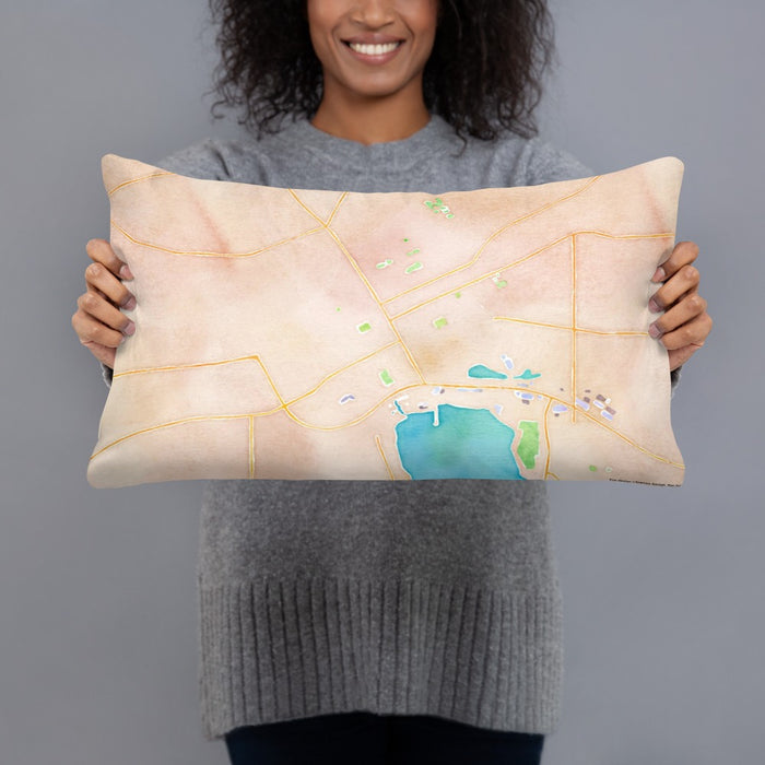 Person holding 20x12 Custom Canandaigua New York Map Throw Pillow in Watercolor