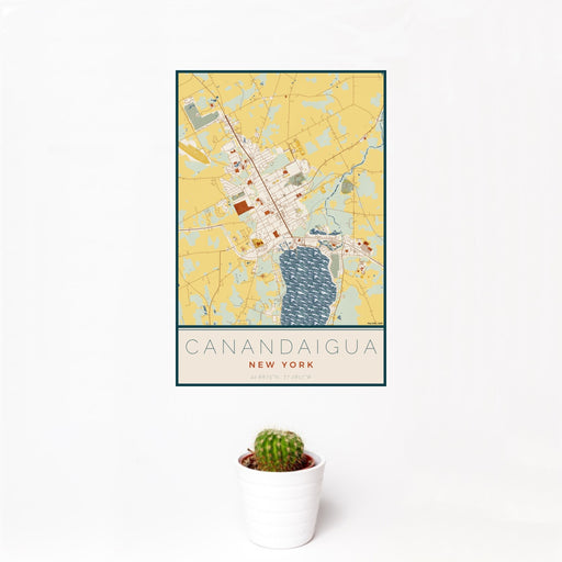12x18 Canandaigua New York Map Print Portrait Orientation in Woodblock Style With Small Cactus Plant in White Planter