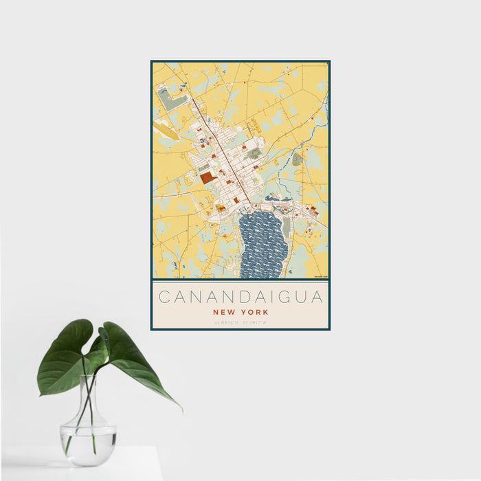 16x24 Canandaigua New York Map Print Portrait Orientation in Woodblock Style With Tropical Plant Leaves in Water