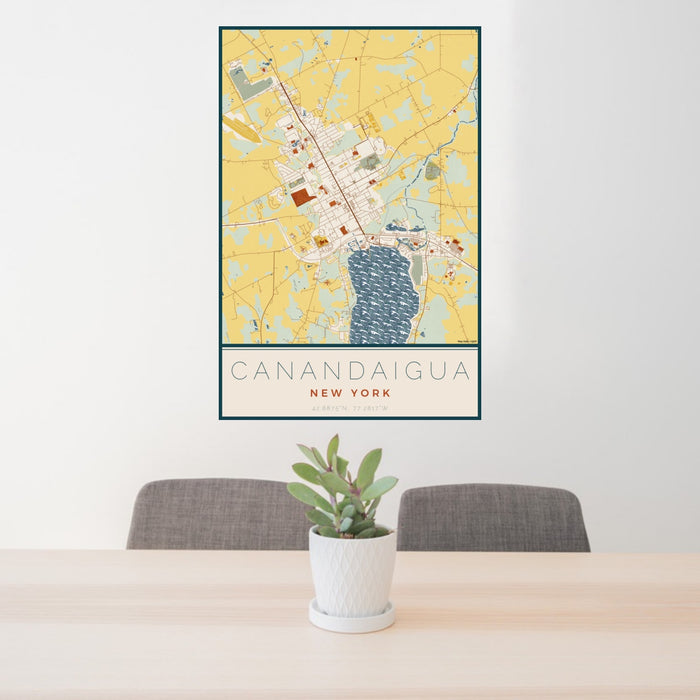 24x36 Canandaigua New York Map Print Portrait Orientation in Woodblock Style Behind 2 Chairs Table and Potted Plant