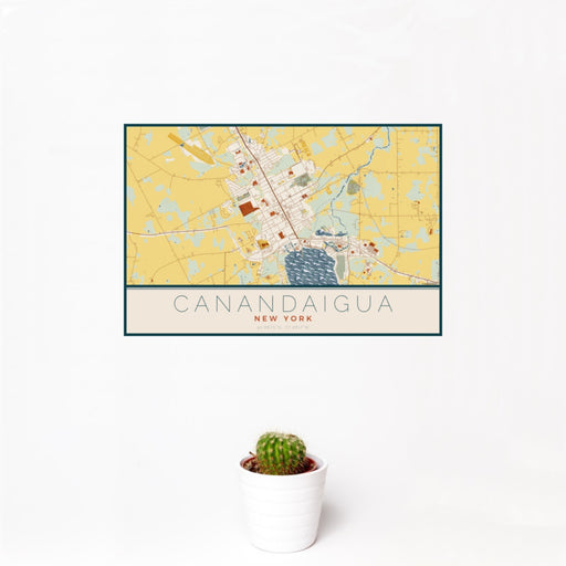12x18 Canandaigua New York Map Print Landscape Orientation in Woodblock Style With Small Cactus Plant in White Planter
