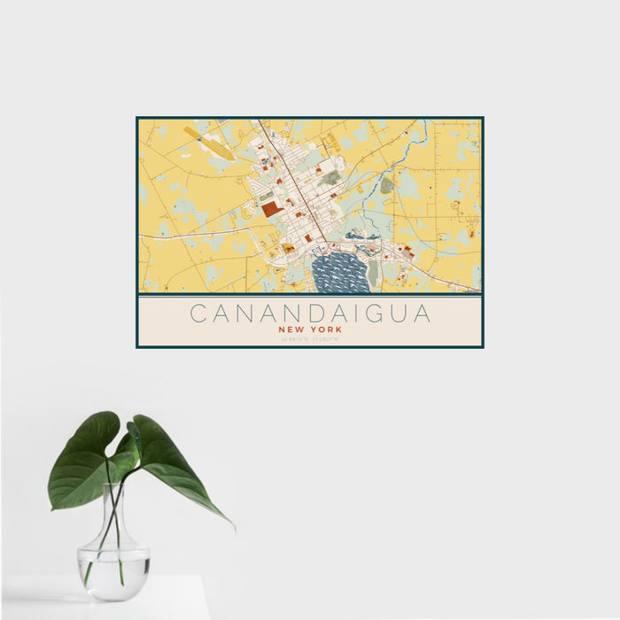 16x24 Canandaigua New York Map Print Landscape Orientation in Woodblock Style With Tropical Plant Leaves in Water