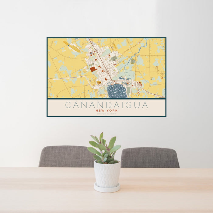 24x36 Canandaigua New York Map Print Landscape Orientation in Woodblock Style Behind 2 Chairs Table and Potted Plant