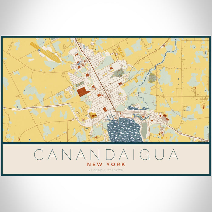 Canandaigua New York Map Print Landscape Orientation in Woodblock Style With Shaded Background