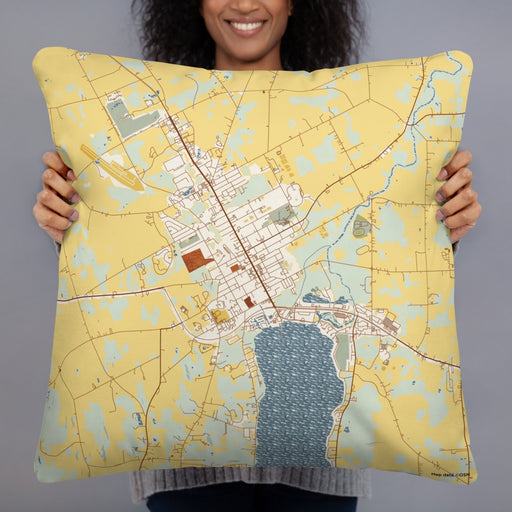 Person holding 22x22 Custom Canandaigua New York Map Throw Pillow in Woodblock