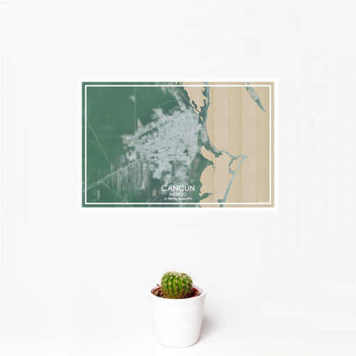 12x18 Cancún Mexico Map Print Landscape Orientation in Afternoon Style With Small Cactus Plant in White Planter
