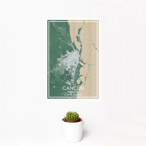 12x18 Cancún Mexico Map Print Portrait Orientation in Afternoon Style With Small Cactus Plant in White Planter