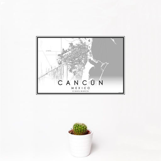 12x18 Cancún Mexico Map Print Landscape Orientation in Classic Style With Small Cactus Plant in White Planter