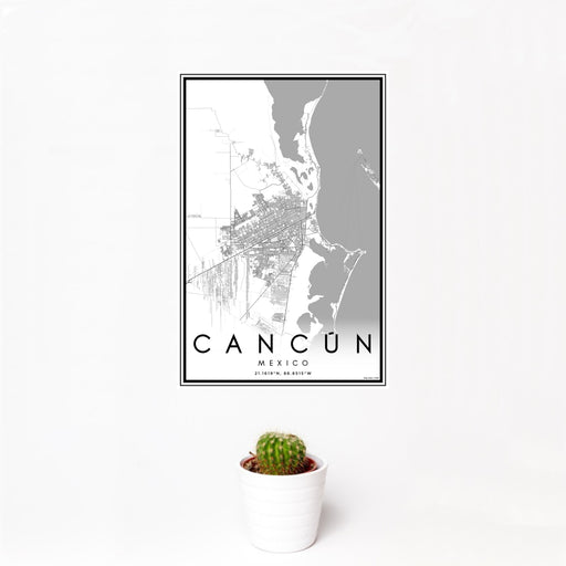 12x18 Cancún Mexico Map Print Portrait Orientation in Classic Style With Small Cactus Plant in White Planter