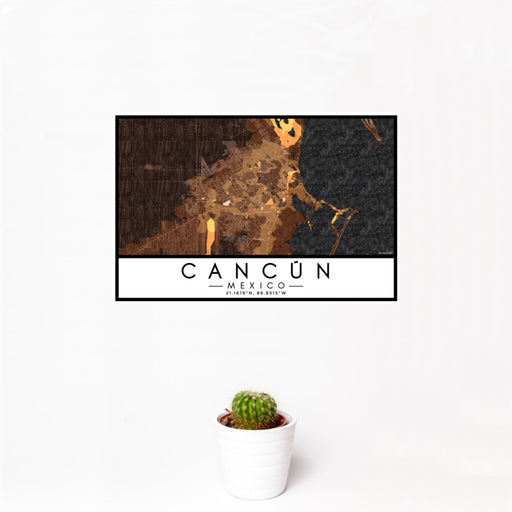 12x18 Cancún Mexico Map Print Landscape Orientation in Ember Style With Small Cactus Plant in White Planter