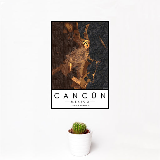 12x18 Cancún Mexico Map Print Portrait Orientation in Ember Style With Small Cactus Plant in White Planter