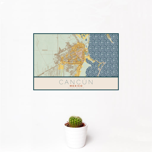12x18 Cancún Mexico Map Print Landscape Orientation in Woodblock Style With Small Cactus Plant in White Planter