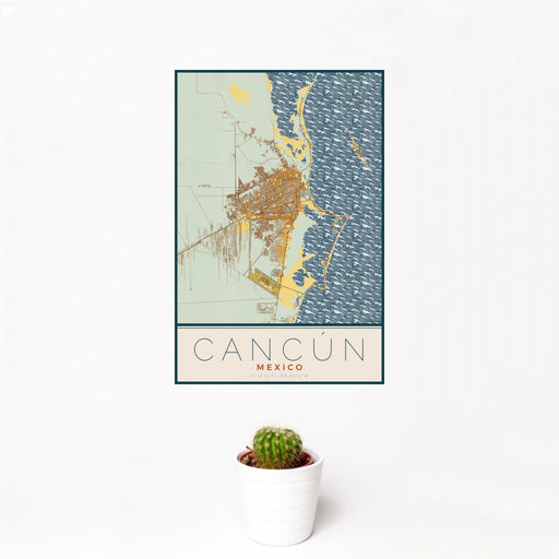 12x18 Cancún Mexico Map Print Portrait Orientation in Woodblock Style With Small Cactus Plant in White Planter