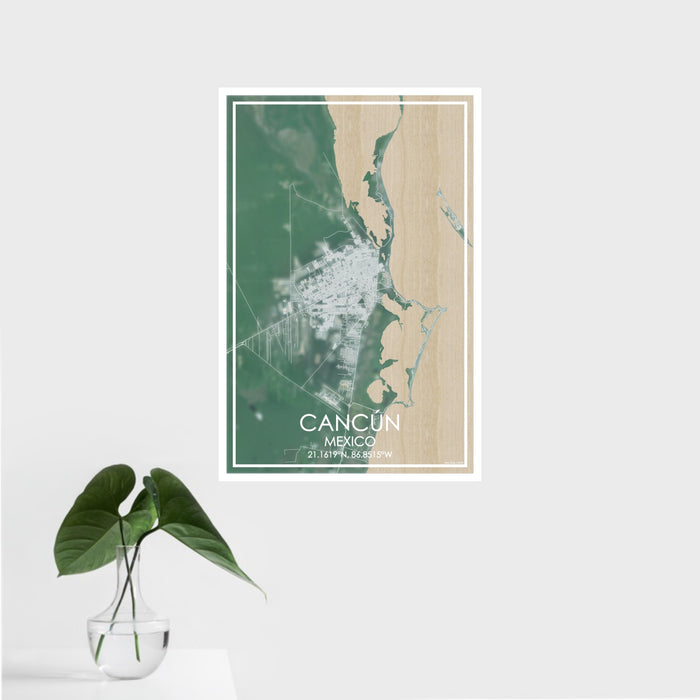 16x24 Cancún Mexico Map Print Portrait Orientation in Afternoon Style With Tropical Plant Leaves in Water