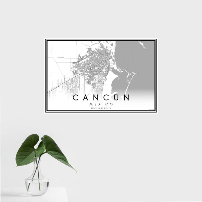 16x24 Cancún Mexico Map Print Landscape Orientation in Classic Style With Tropical Plant Leaves in Water