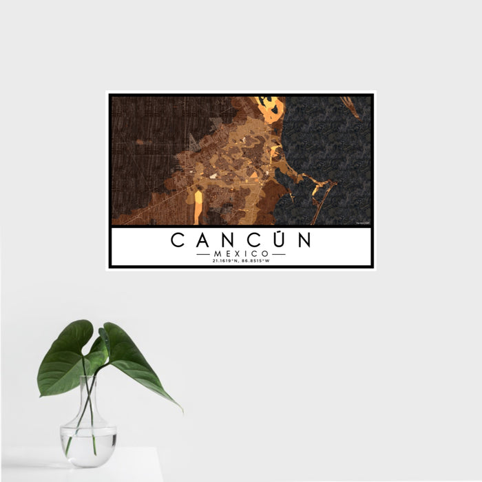 16x24 Cancún Mexico Map Print Landscape Orientation in Ember Style With Tropical Plant Leaves in Water