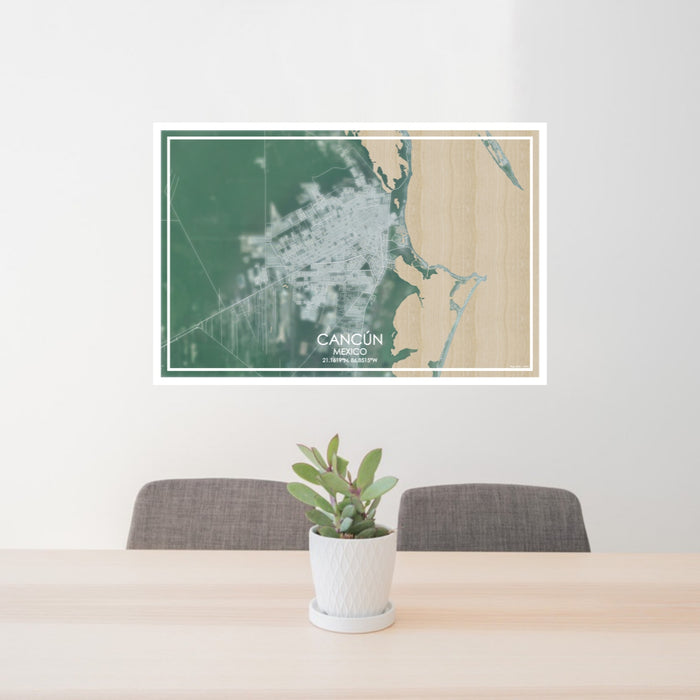 24x36 Cancún Mexico Map Print Lanscape Orientation in Afternoon Style Behind 2 Chairs Table and Potted Plant