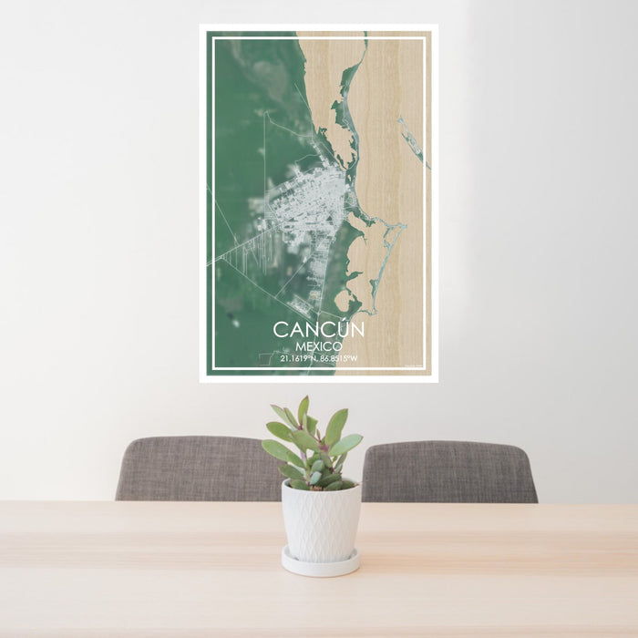 24x36 Cancún Mexico Map Print Portrait Orientation in Afternoon Style Behind 2 Chairs Table and Potted Plant