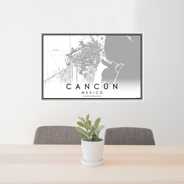 24x36 Cancún Mexico Map Print Lanscape Orientation in Classic Style Behind 2 Chairs Table and Potted Plant