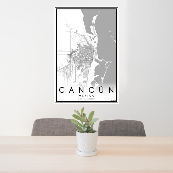 24x36 Cancún Mexico Map Print Portrait Orientation in Classic Style Behind 2 Chairs Table and Potted Plant