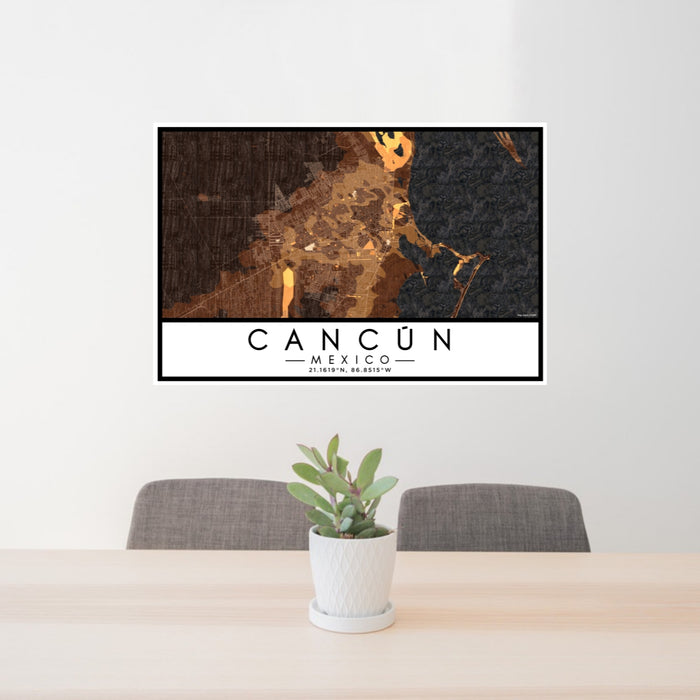 24x36 Cancún Mexico Map Print Lanscape Orientation in Ember Style Behind 2 Chairs Table and Potted Plant