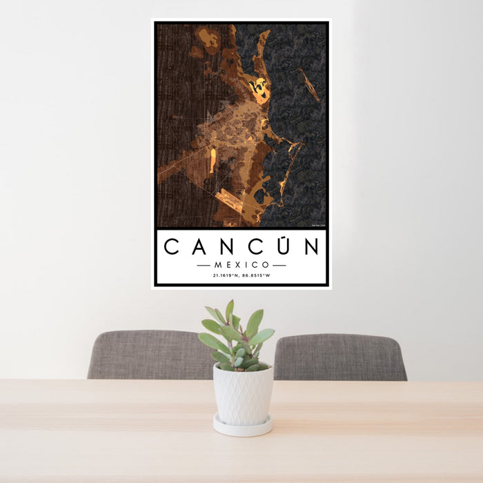 24x36 Cancún Mexico Map Print Portrait Orientation in Ember Style Behind 2 Chairs Table and Potted Plant