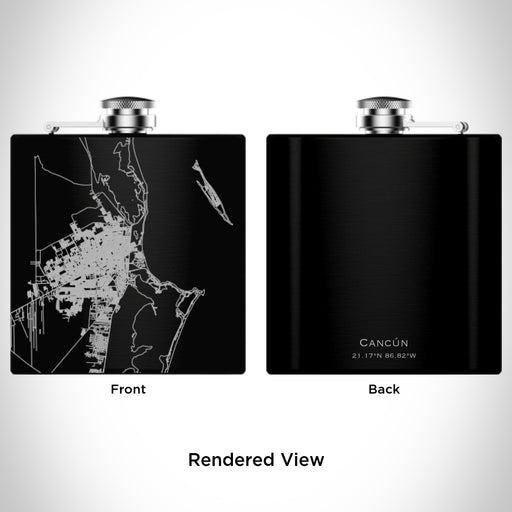 Rendered View of Cancún Mexico Map Engraving on 6oz Stainless Steel Flask in Black