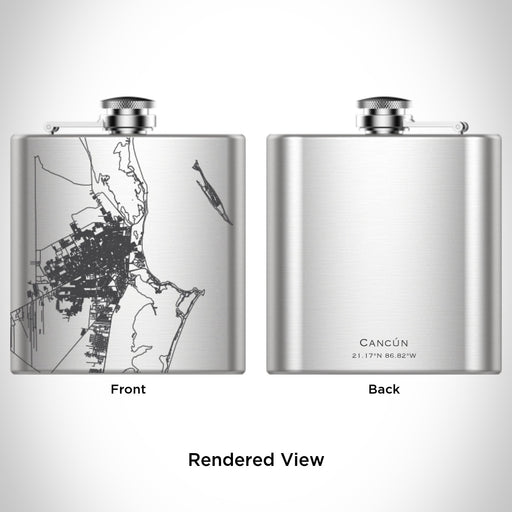 Rendered View of Cancún Mexico Map Engraving on 6oz Stainless Steel Flask