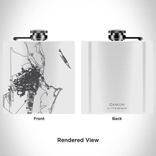 Rendered View of Cancún Mexico Map Engraving on 6oz Stainless Steel Flask in White