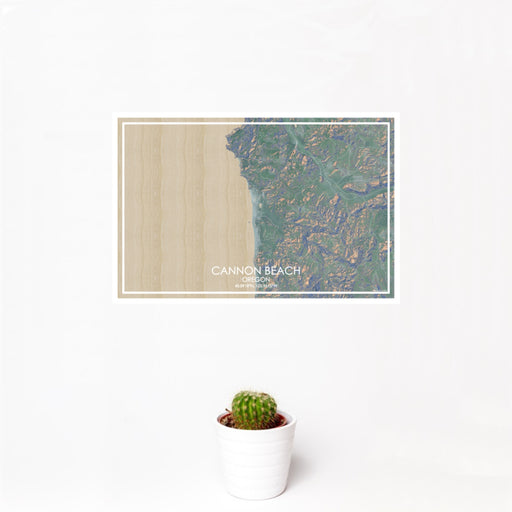 12x18 Cannon Beach Oregon Map Print Landscape Orientation in Afternoon Style With Small Cactus Plant in White Planter