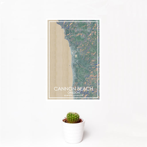 12x18 Cannon Beach Oregon Map Print Portrait Orientation in Afternoon Style With Small Cactus Plant in White Planter