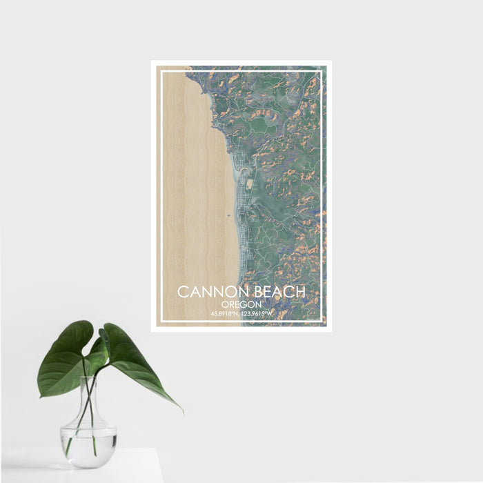 16x24 Cannon Beach Oregon Map Print Portrait Orientation in Afternoon Style With Tropical Plant Leaves in Water