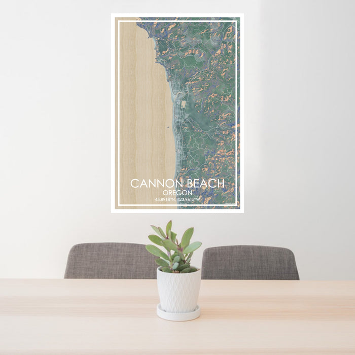 24x36 Cannon Beach Oregon Map Print Portrait Orientation in Afternoon Style Behind 2 Chairs Table and Potted Plant