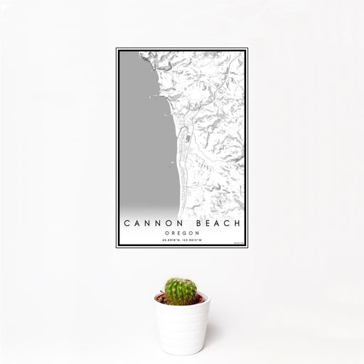 12x18 Cannon Beach Oregon Map Print Portrait Orientation in Classic Style With Small Cactus Plant in White Planter