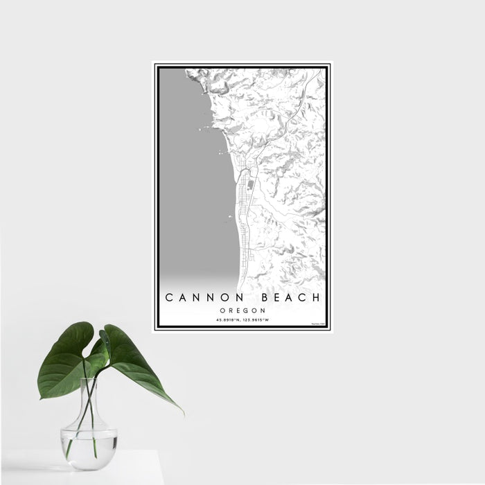 16x24 Cannon Beach Oregon Map Print Portrait Orientation in Classic Style With Tropical Plant Leaves in Water