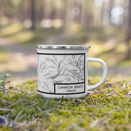 Right View Custom Cannon Beach Oregon Map Enamel Mug in Classic on Grass With Trees in Background