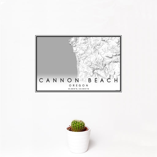 12x18 Cannon Beach Oregon Map Print Landscape Orientation in Classic Style With Small Cactus Plant in White Planter