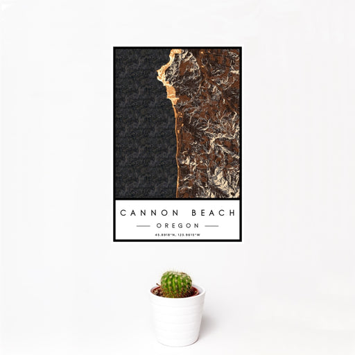 12x18 Cannon Beach Oregon Map Print Portrait Orientation in Ember Style With Small Cactus Plant in White Planter