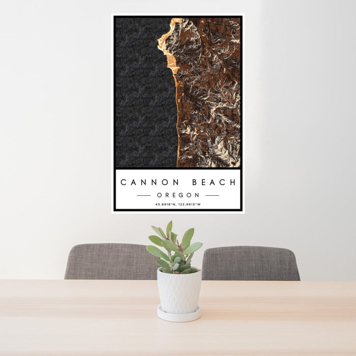 24x36 Cannon Beach Oregon Map Print Portrait Orientation in Ember Style Behind 2 Chairs Table and Potted Plant