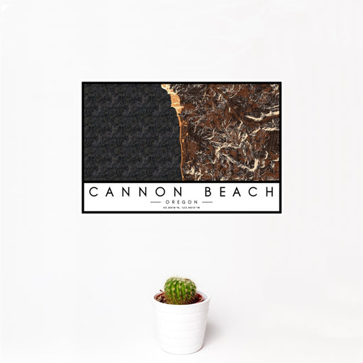 12x18 Cannon Beach Oregon Map Print Landscape Orientation in Ember Style With Small Cactus Plant in White Planter
