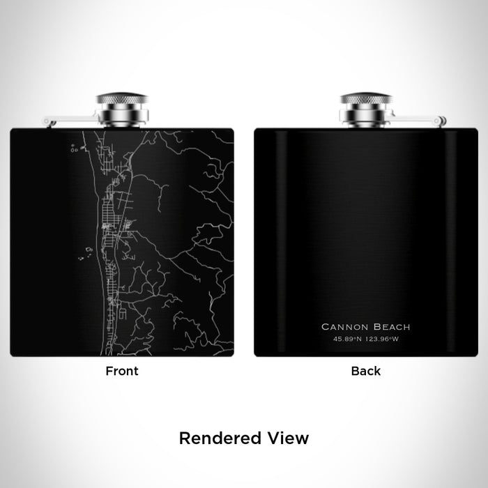 Rendered View of Cannon Beach Oregon Map Engraving on 6oz Stainless Steel Flask in Black